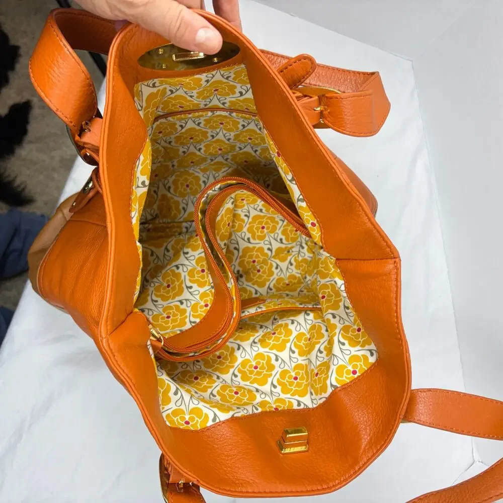 Emma Fox orange brown soft leather tote handbag. floral lining. satchel, purse